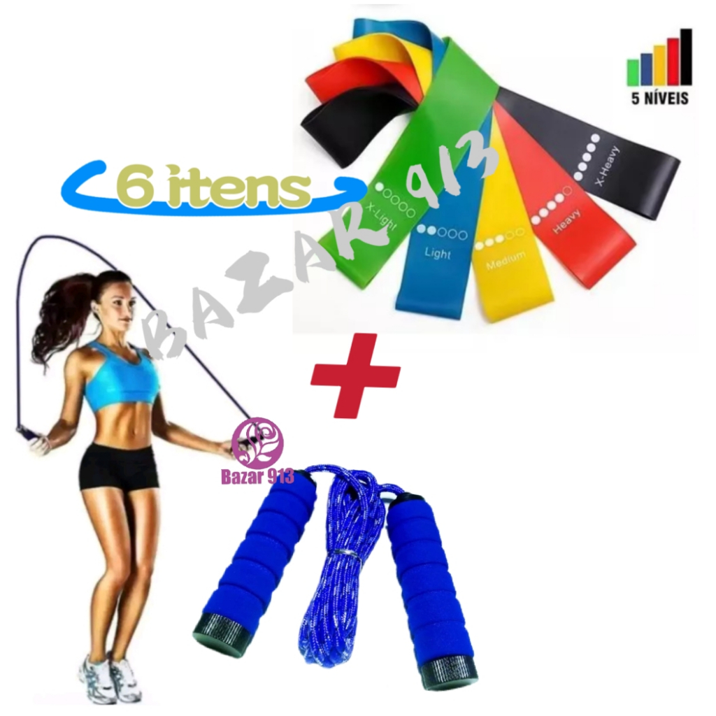Kit 5 Faixas Elástica de Resistência Mini Band + Corda De Pular Crossfit Fitness Para Exercicio Treino Academia Casa
