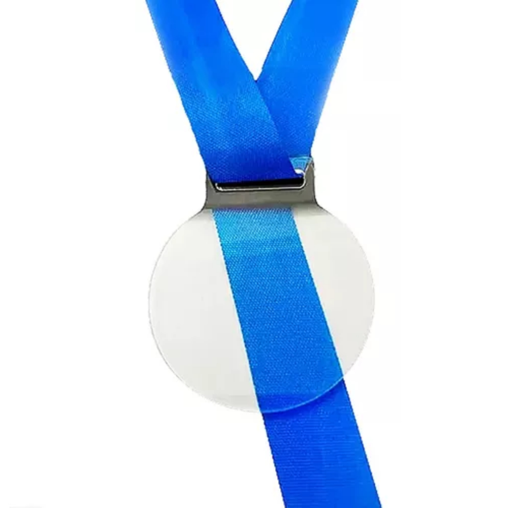 Kit 30  Medalhas Redondas 5cm Acrílico Cristal 2mm Fita Azul