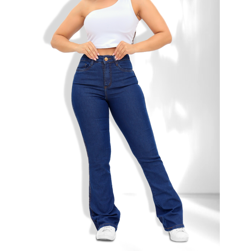 Calça Jeans Feminina Flare Lycra Premium Cós Alto Muita Lycra Blogueira