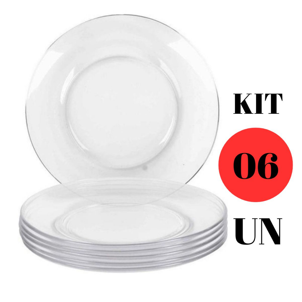 Kit Jogo 06 Pratos Raso Astral Vidro DuralexTransparente Nadir  Liso  Sopa Caldo Conjunto Jantar Almoço  Micro-Ondas Unidades Peças Marinex Micro-Ondas Uni