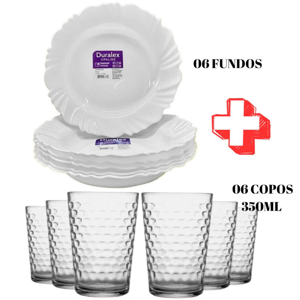 Kit Jogo 12 peças 6 Pratos Petala Fundo + 6 Copos Marrocos 350ML Vidro Opaline Duralex Nadir Figueiredo Redondo Suco Refrigerante Agua Janta Aparelho Jantar Mesa Posta Almoço Plato Vidro Fundo