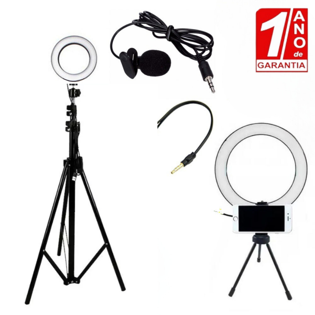 Kit Tripé 2,10m Ring Light Microfone Lapela Celular Youtuber