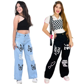 calca jeans blogueirinha wide leg infantil juvenil pantalona menina