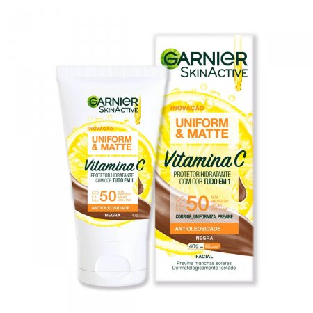 Protetor hidratante facial garnier uniform & matte vitamina c fps 50 cor negra 40g