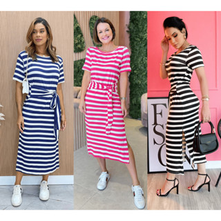 Vestido Feminino Listrado Midi Amarração Nó na Cintura Basico Longo com Manga Curta Anne Acinturado