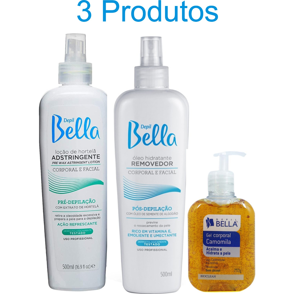 Depilbella Kit Depilação Loção Adstringente Hortelã 500ml + Óleo Removedor 500ml + Gel Calmante Corporal Camomila 250ml