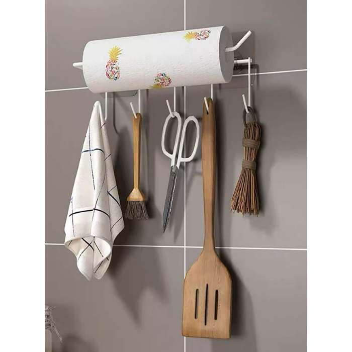 KIT 2PÇ Suporte Porta Papel Toalha Com 5 Gancho Alumínio Filme Adesivo Parede Cozinha com gancho