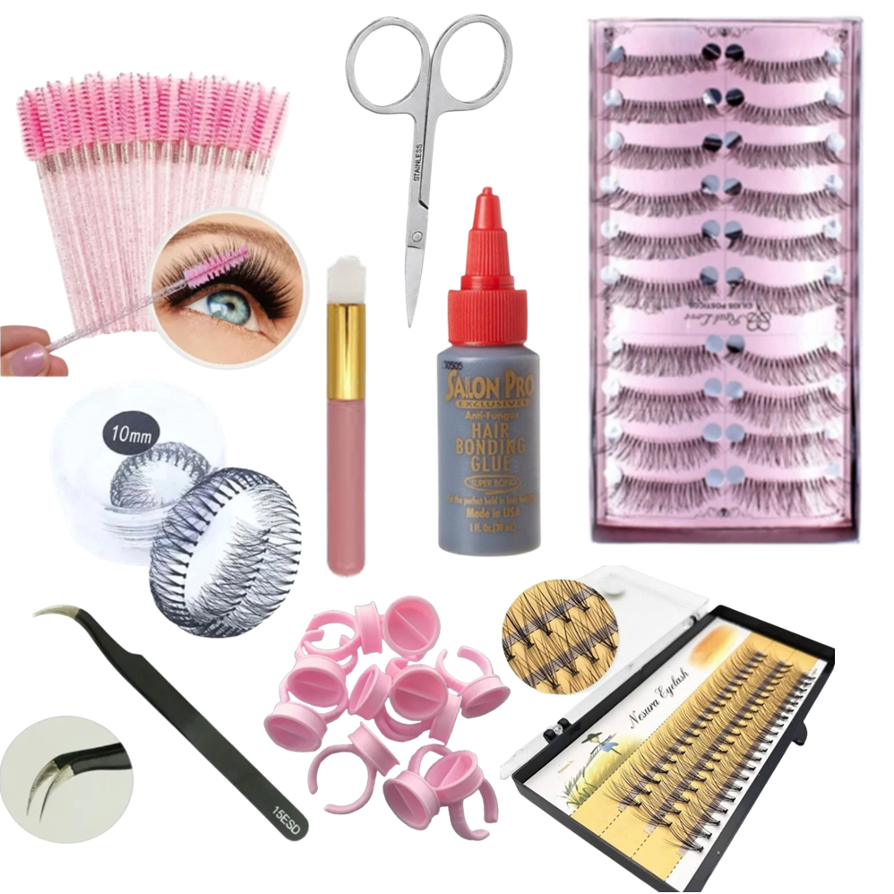 Kit Cilios em Tela Iniciante com Cola salon pro e tufo de cedo e cílios real love 747m