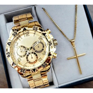 Kit Relógio Masculino Prata Dourado Banhado a Ouro Presente Para Homem