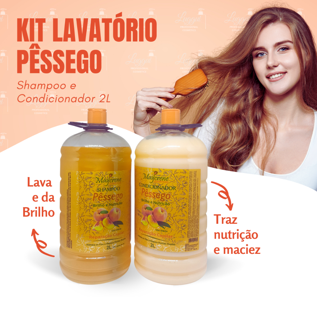 Kit Lavatório Pêssego (Shampoo + Condicionador) Nutrição e Brilho Maycrene 2 Litros - 2 Produtos em Oferta na Shopee