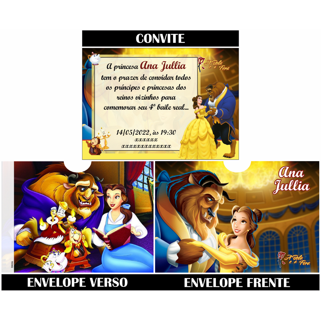 Convite Aniversário A Bela e a Fera Mais Envelope A Bela e a Fera Personalizados