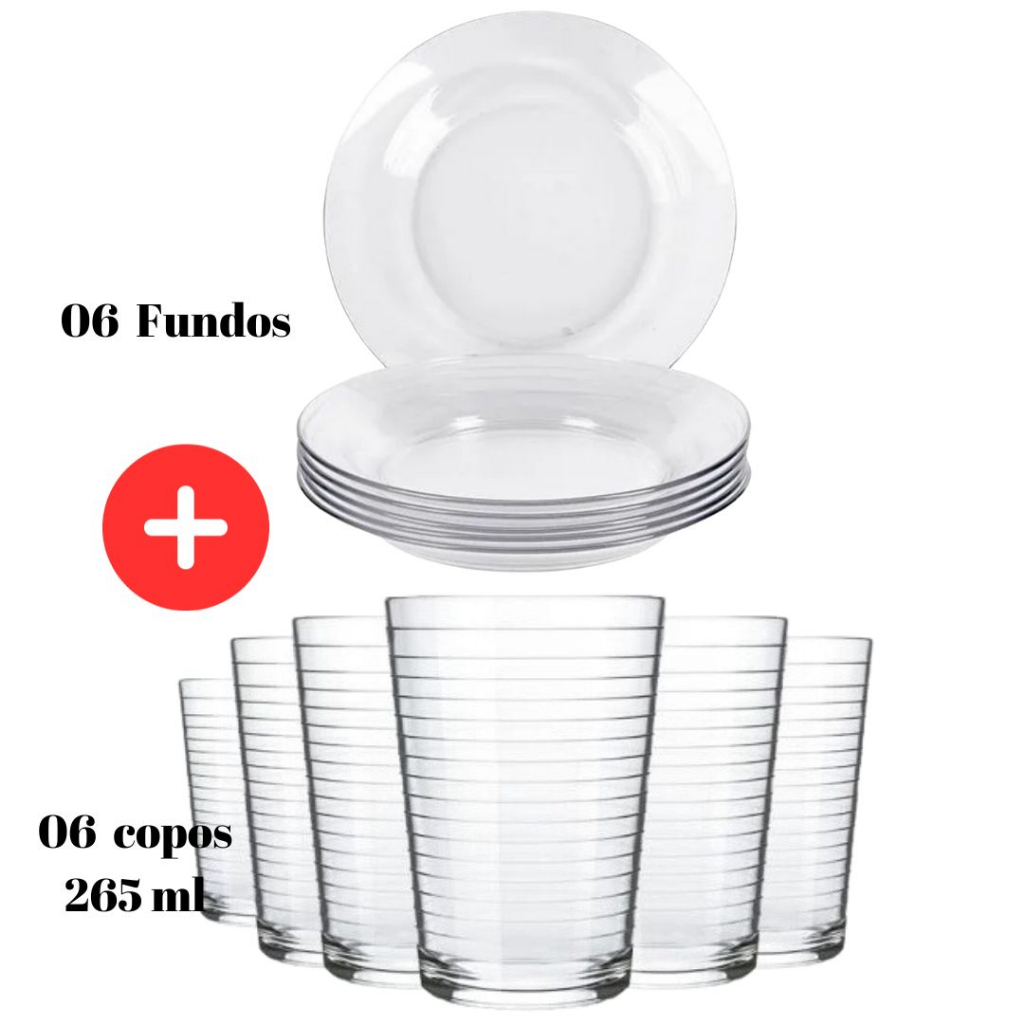 Kit Jogo 12 Peças Jantar 06 Pratos Astral Fundo + 06 Copos Ginga 265 ML Vidro Jantar Aparelho Temperado Transparente Nadir Borda Liso  Refrigerante Coca Microondas Platos Lisa Almoço Resistente Suco