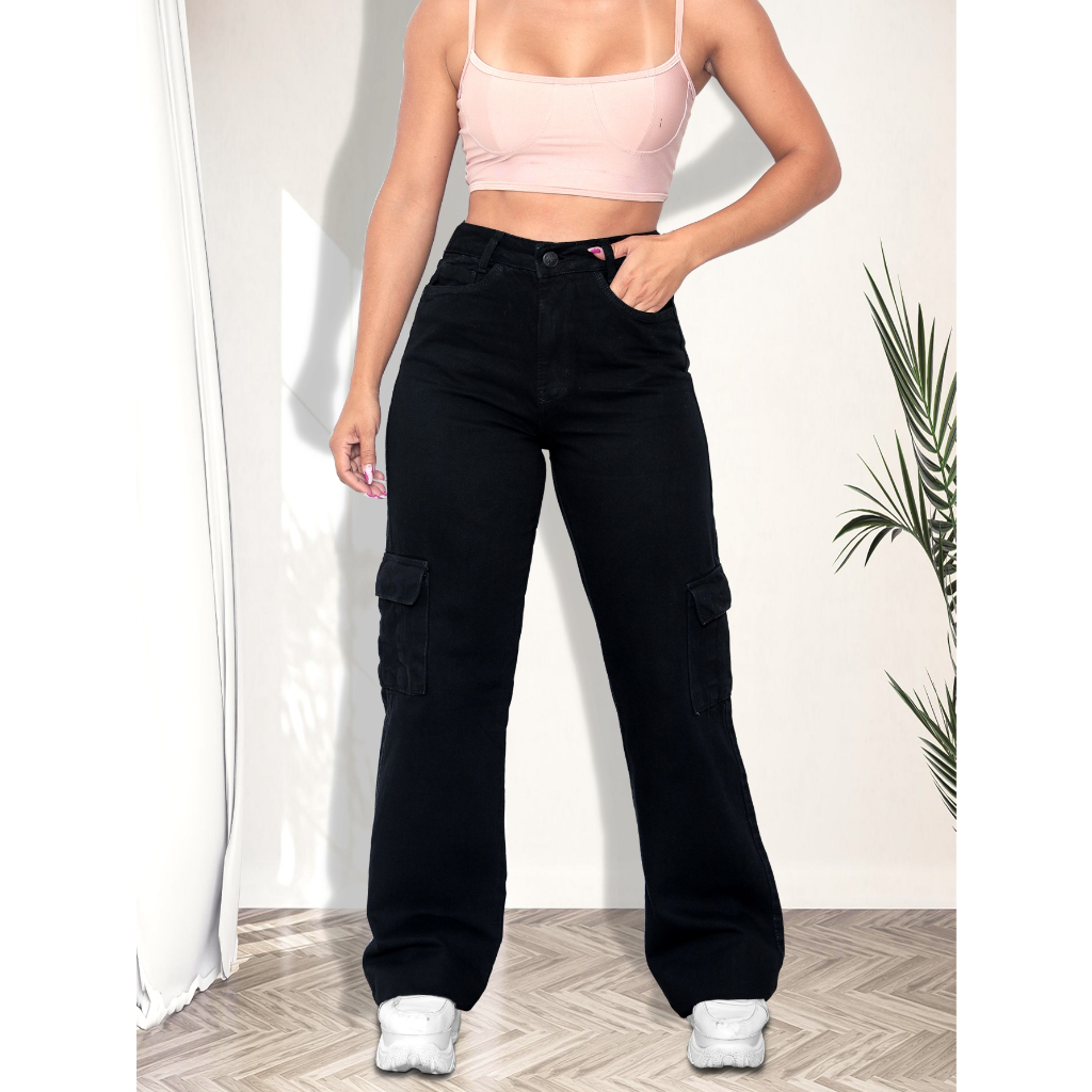 Calça Jeans Wide Leg Cargo Pantalona Cintura Alta Perfeita 100% Algodão Jeans Premium