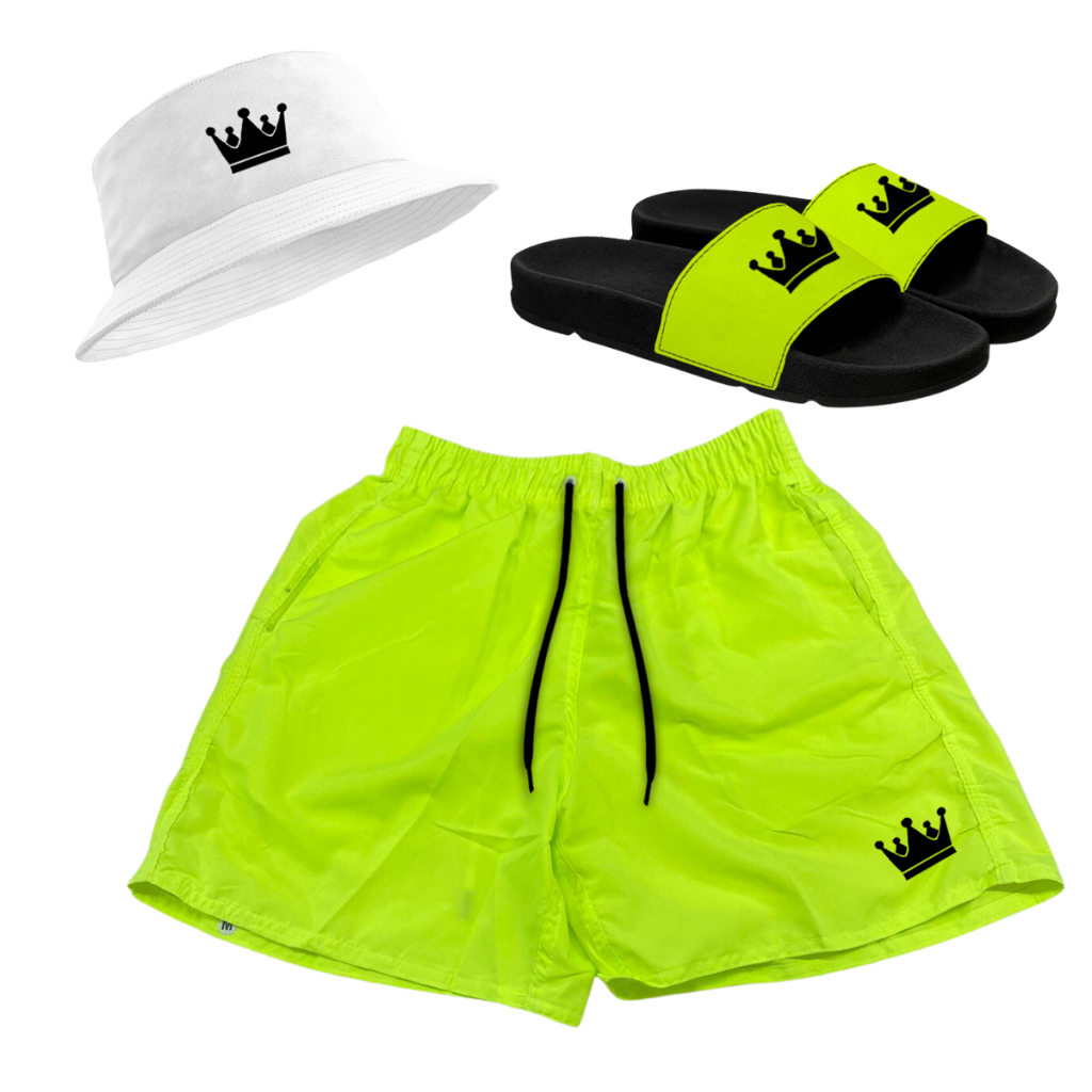 Kit Short Praia Mauricinho Masculina + Chinelo Slide + Chapéu Bucket Hat Verde Lima Conjunto