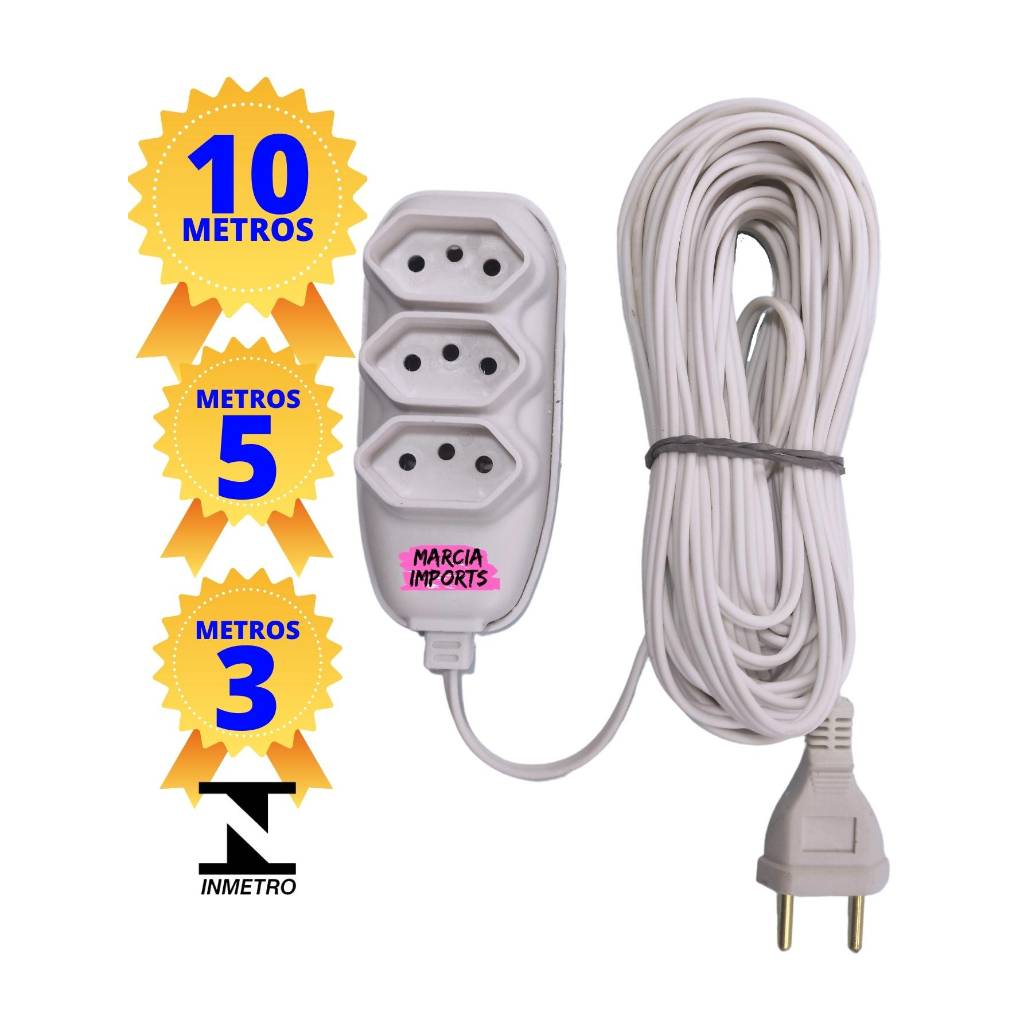 Extensão elétrica 10,5,3 E 2 METROS BRANCA Estensão de Energia 3 Tomadas bivolt 220v-110v ...