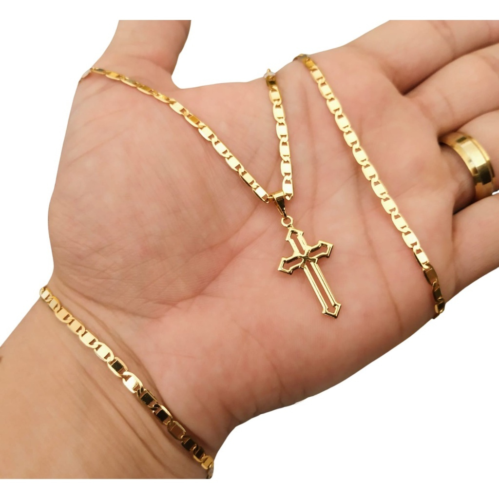 Cordão e Pulseira Piastrine Masculina + Pingente Cruz Vitoriana feita em Moeda Antiga Banhada a Ouro em Oferta na Shopee