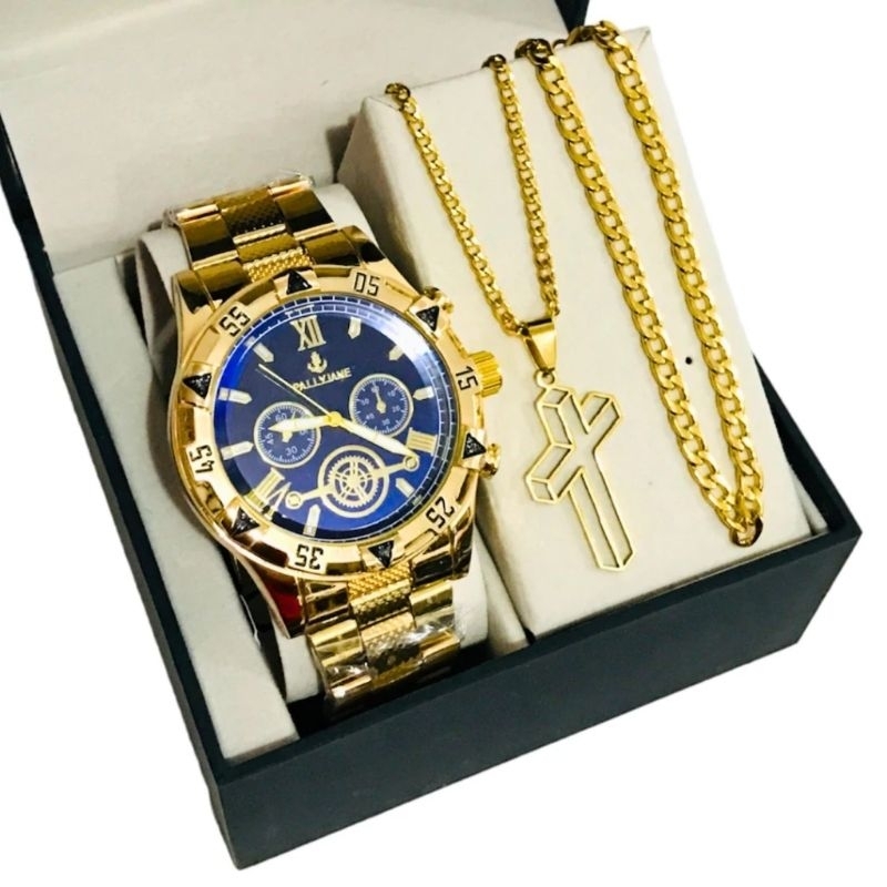 Conjunto Kit Masculino Pulseira Prata Dourada Banhada a Ouro 18k + Relógio Aço Inox Prata Original em Oferta na Shopee