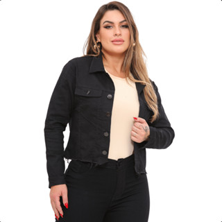 Jaqueta Inverno Jeans Preta Feminina Lisa Desfiada Casaco Cropped