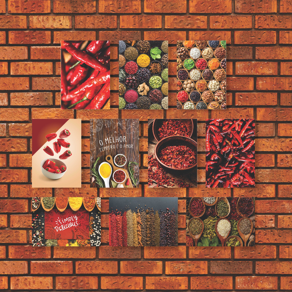 Kit 10 Placas Quadros Decorativos 28x20cm Temperos Especiarias Cozinha Cebola Pimenta Alho Q61