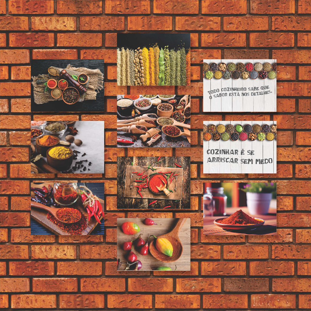 Kit 10 Placas Quadros Decorativos 28x20cm Temperos Especiarias Cozinha Cebola Pimenta Alho Q62
