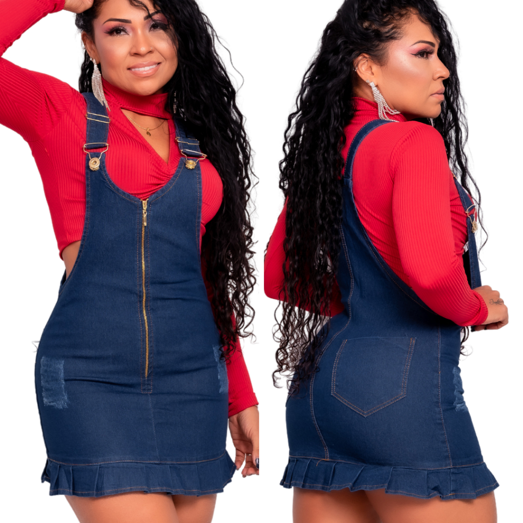 kit Vestido Jeans Feminina  Modelo Jardineira Clara Jeans Com Lycra