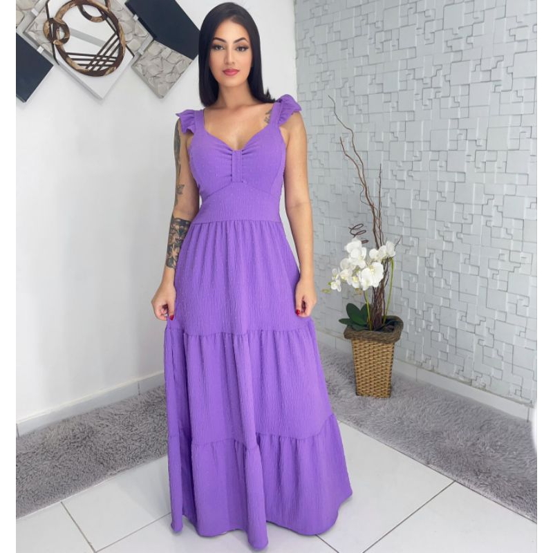 Vestido Longo Luxo franzido com babada na manga 9314