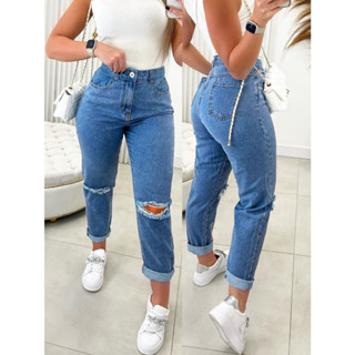 Calça Mom Jeans Feminina Barra Dobrada Rasgada Joelhos Cintura Alta Moderna.