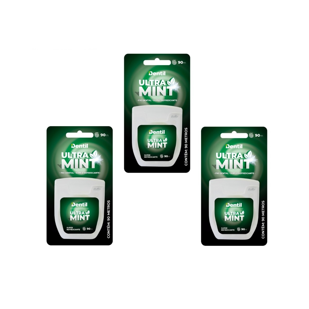 Kit 3 Fio Fita Dental Dentil Ultra Mint 90 metros Sabor Menta.