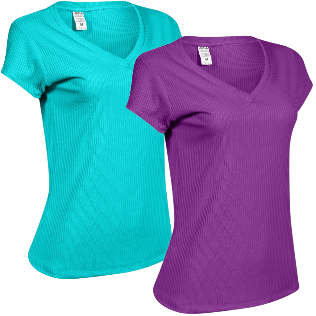 2 Blusinhas Canelada+elastano Feminina Slim Algodão Gola V