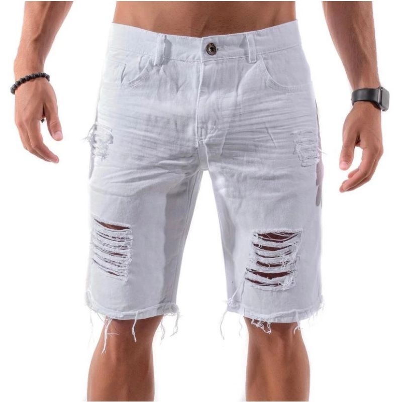 Bermuda Shorts Jeans Masculina Sarja Branca Rasgada Para o Ano Novo em Oferta na Shopee
