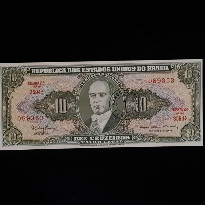 Cédula C114, 10 Cruzeiros carimbo de 1 Centavo FE. Getúlio Vargas.