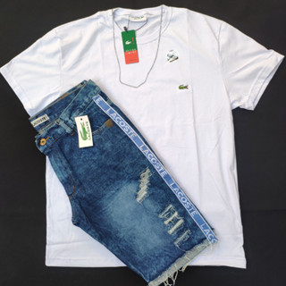 Kit Camisa Branca Masculina + Bermuda Jeans Rasgado / Camiseta 100% Algodão Ano Novo Réveillon