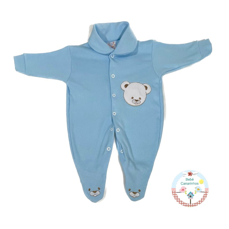Macacão Bebê com Bordado Urso no Pezinho 100% Algodão Suedine P M G. Cores Meninos.