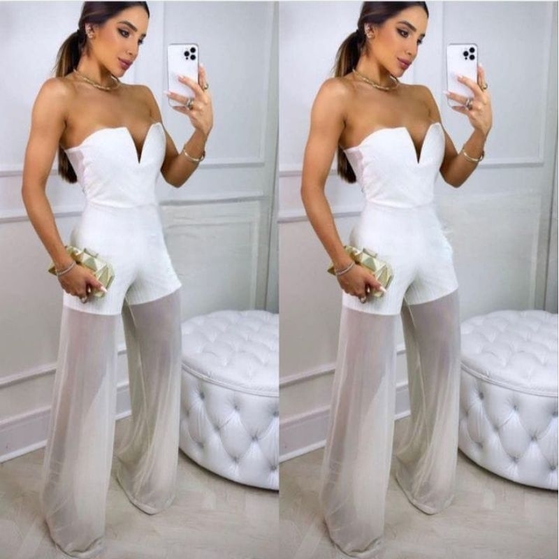 Macacão Luxo Branco Lurex com bojo e aro - Réveillon/virada ano novo