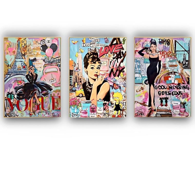 Quadro decorativo 3 peças 122x60 moderno chique elegante Moda grafite rua pop arte mulher para sala quarto em Oferta na Shopee