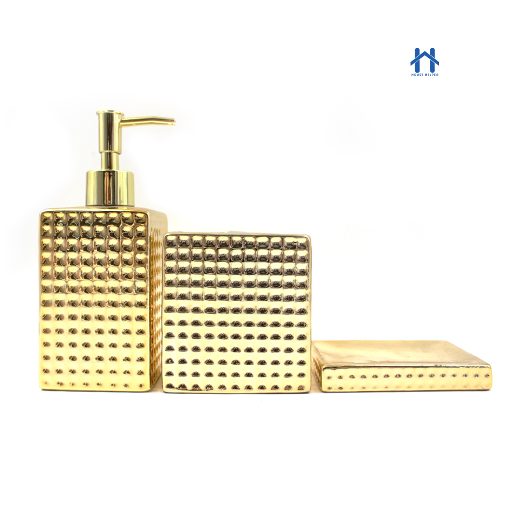 Kit Para Banheiro Cerâmica 3 Peças Porta Sabonete Líquido /Saboneteira/Porta Escova - 395C em Oferta na Shopee