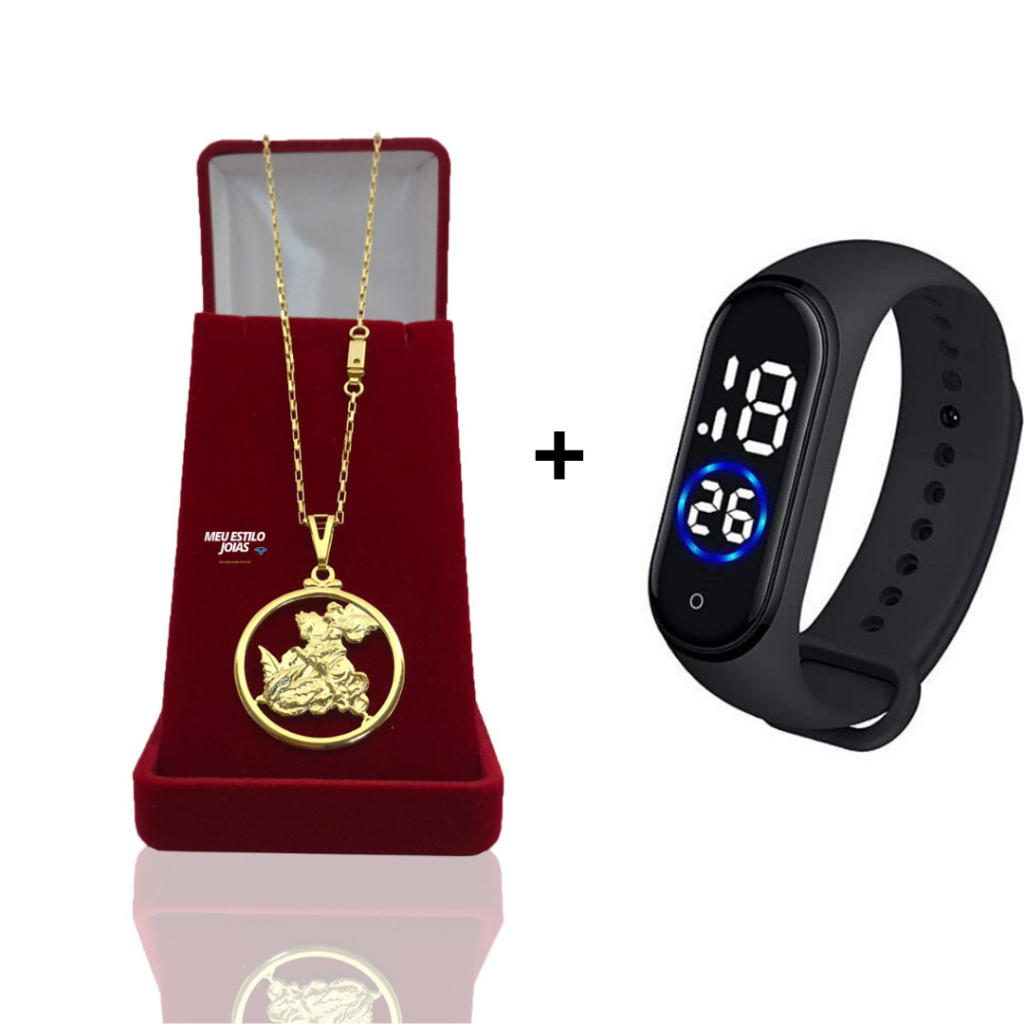 Corrente Infantil Menino Cordão Tijolinho - 1.5mm banhado Ouro 18 k com Pingente  São Jorge +  Relógio De Pulso Digital Com LED Prova D'água Corrente Masculina Infantil