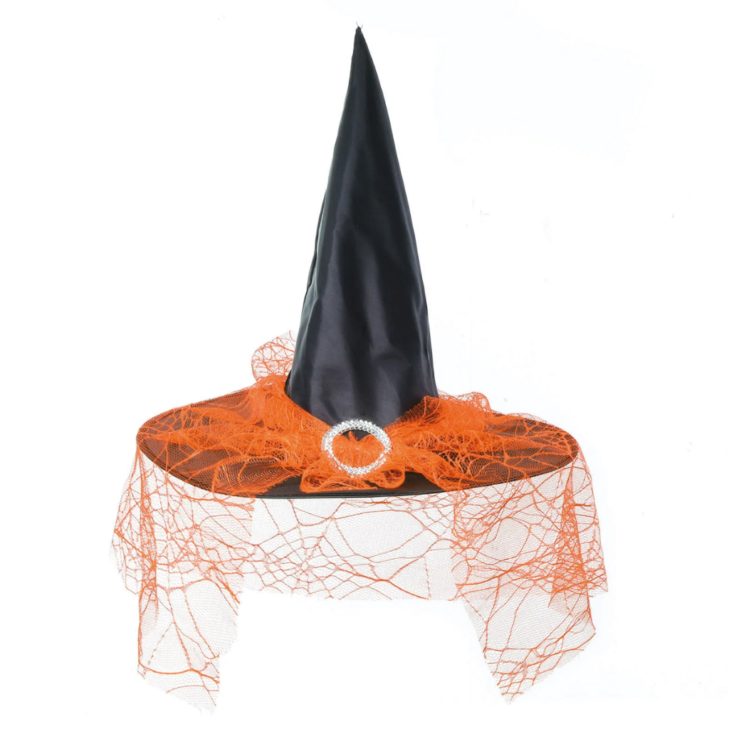 Chapéu De Bruxa Halloween Com Véu Laranja