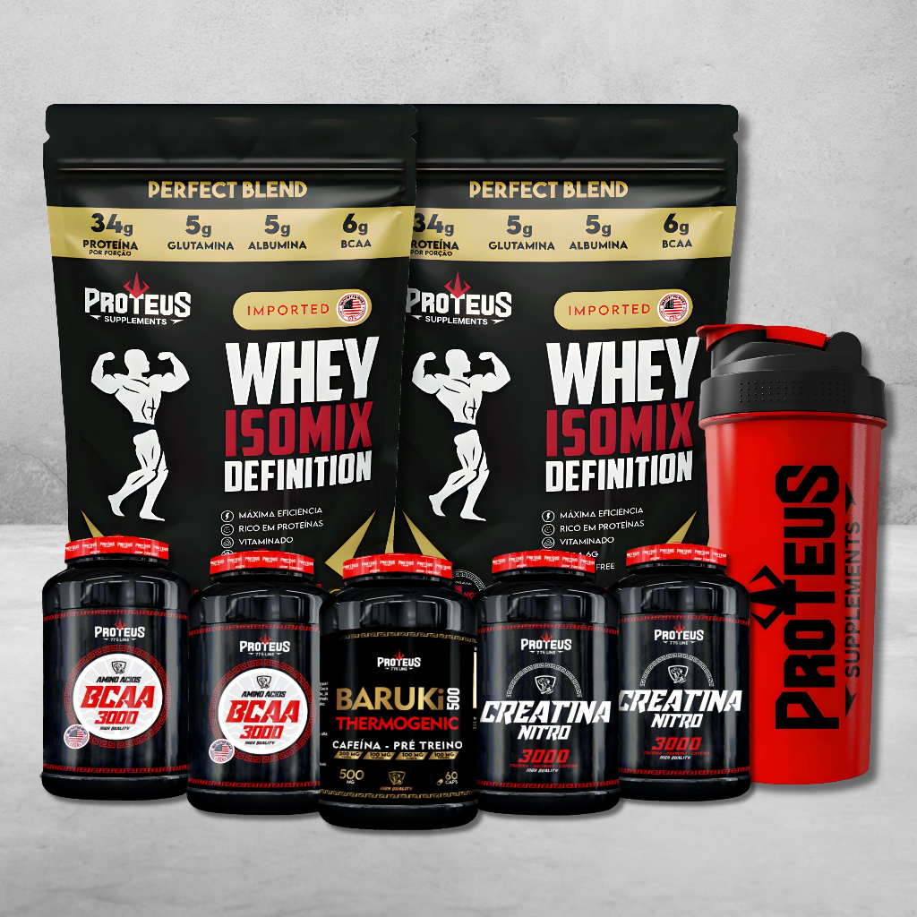 Kit Creatina e Whey + Bcaa + Termogênico + Coqueteleira - Proteus Supplements - creatina Whey whey protein e creatina whey protein creatina whey protein o que é creatina e whey protein whey protein com creatina creatina whey protein creatina com Whey