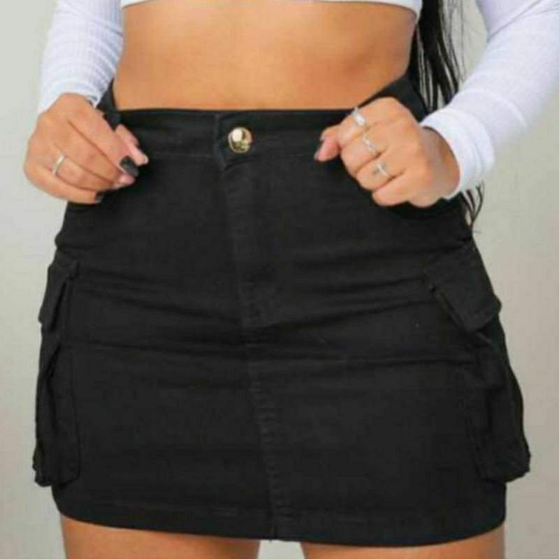 Mini saia cargo jeans preto cintura alta tecnologia empina bumbum em Oferta na Shopee