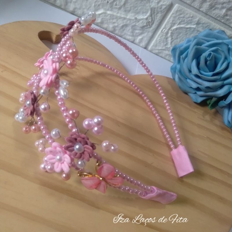 Tiara jardim encantado/ Tiara com arco duplo com flores rosas e rosê/Tiara para crianças e adultos.