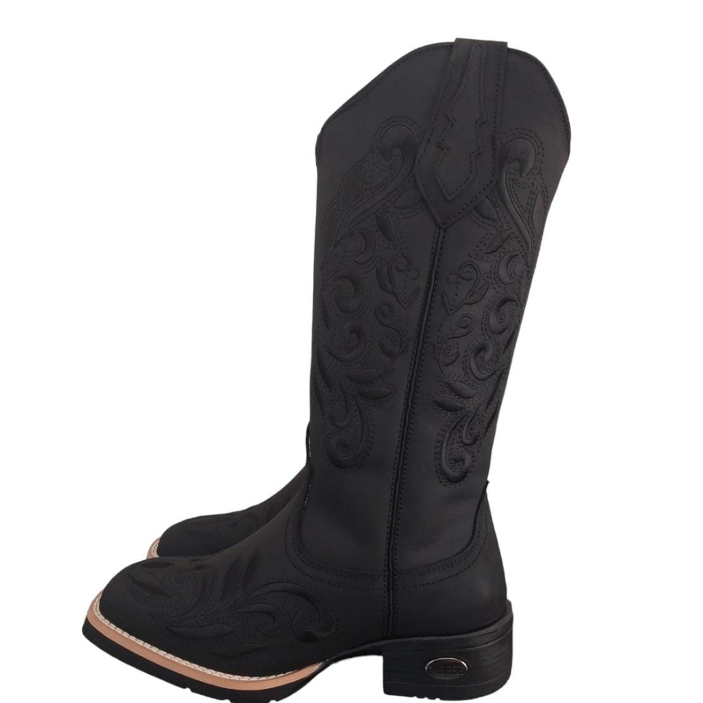 Bota Feminina em Couro Preto Cano Longo Bordada com Zíper PRONTA ENTREGA Candieiros