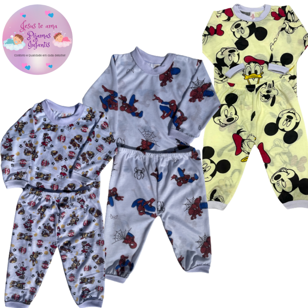 Kit 3 conjuntos Pijama Infantil Bebê 1 a 3 anos malha fria Pijama Menino/Menina "SORTIDOS" Pijama Longo estampado.