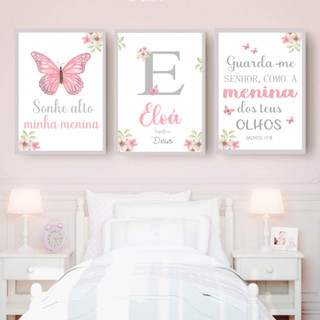 Composição 03 Quadros Floral Borboletas Pássaros Menina Menino