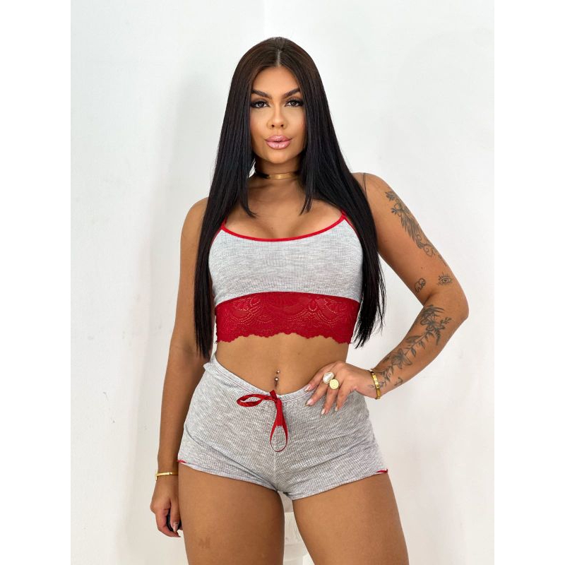 Baby Dool Pijama com renda Short Dool Blogueirinha Adulto feminino canelado toque macio em Oferta na Shopee