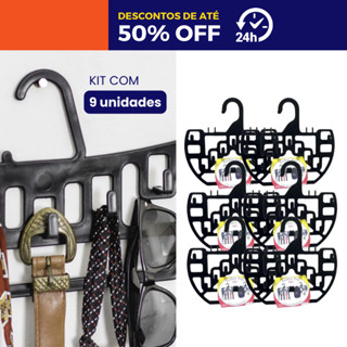 Kit 9 Unidades Cabide Pendura Tudo 10 Ganchos Cabides Plástico Preto Cabide para Cinto