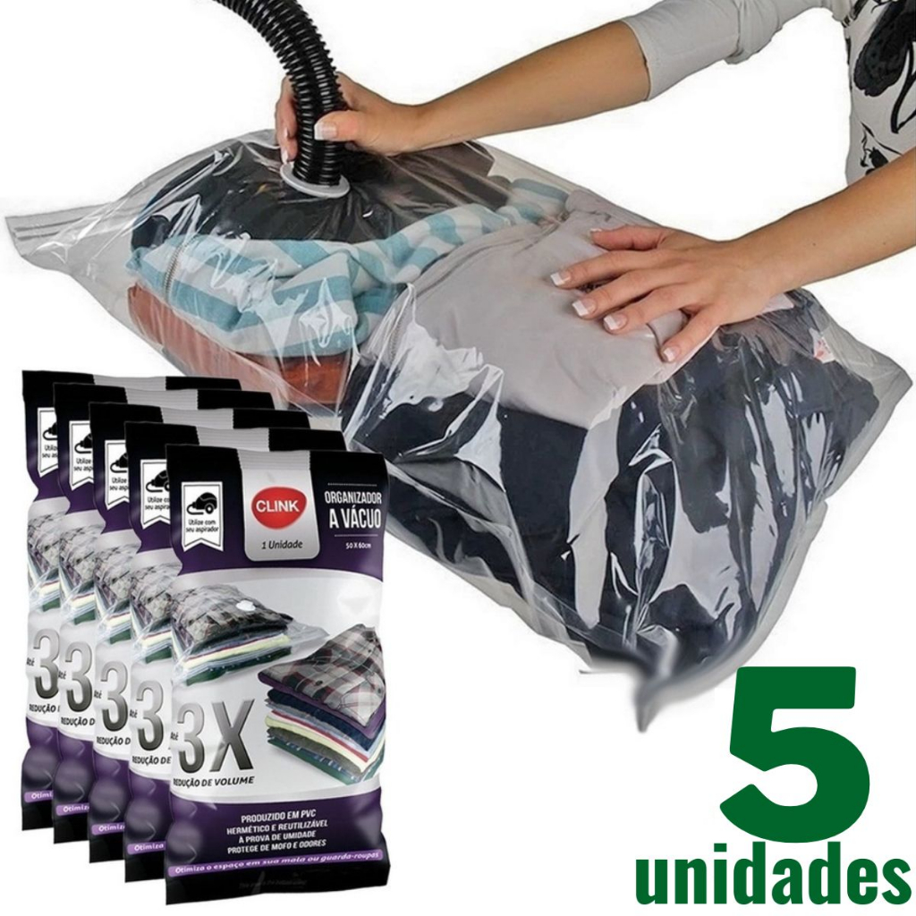 Kit Jogo 5 Saco A Vácuo 50x60cm Grande Organizador Edredom Cobertor Mala Roupa De Cama Armário Viagem Mala de Viajar