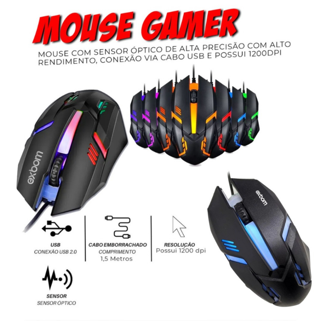 Kit Gamer Mouse Gamer 1200 dpi Led Rgb 3 botões + Mouse Pad Estampado Gamer Exbom