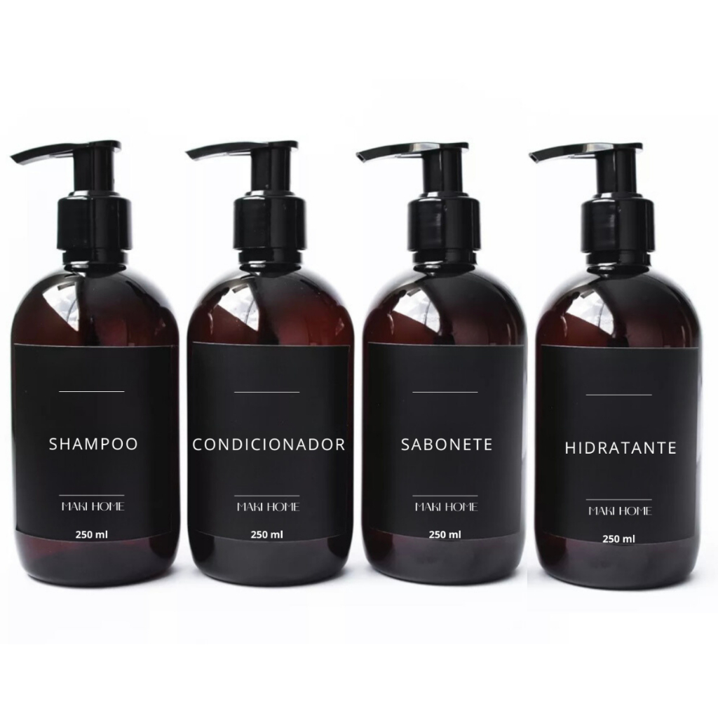 KIT 4 FRASCOS AMBAR 250ml PARA SHAMPOO CONDICIONADOR HIDRATANTE E SABONETEIRA DISPENSER em Oferta na Shopee