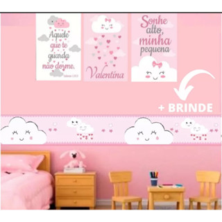 Quadros Decorativos Infantil Sonhe Alto Nuvem + Faixa Decorativa Rosa Menina